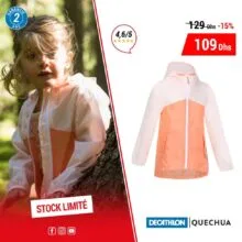 Promo Decathlon Maroc Jacket Imperméable pour fille QUECHUA 109Dhs au lieu de 129Dhs