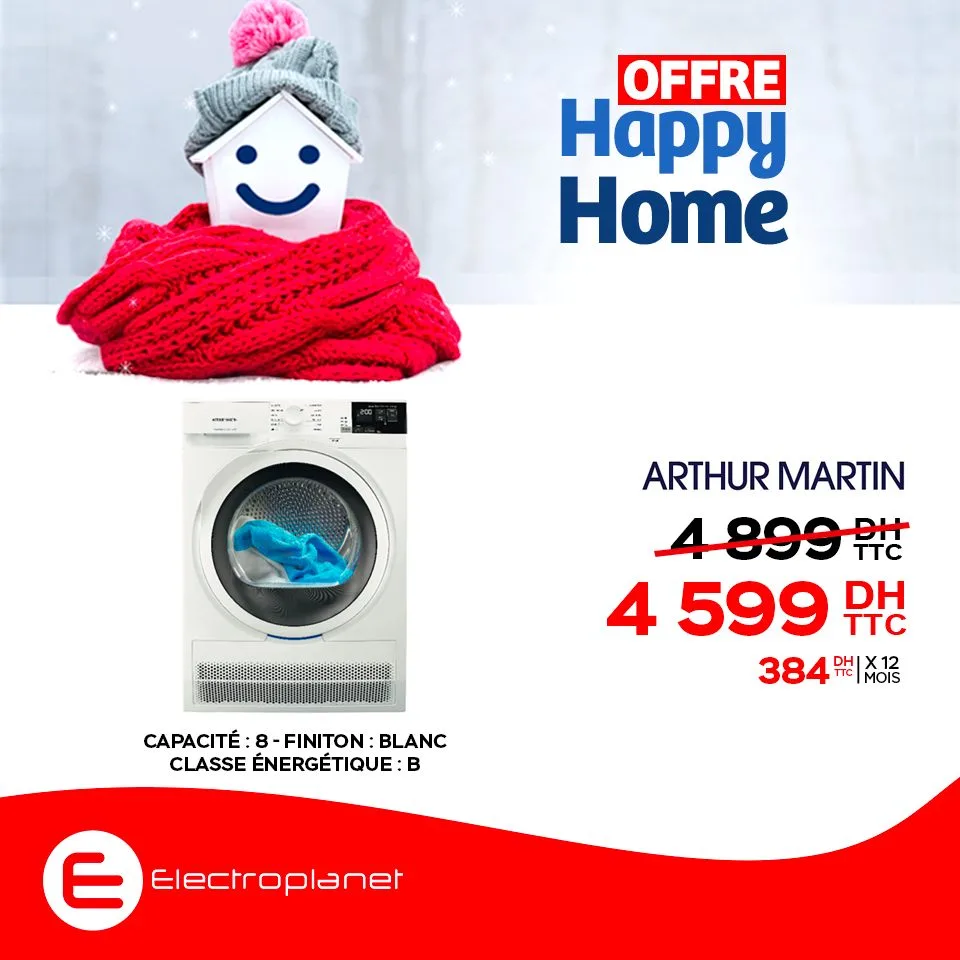 Soldes Electroplanet Lave-linge ARTHUR MARTIN 8Kg 4599Dhs au lieu de 4899Dhs