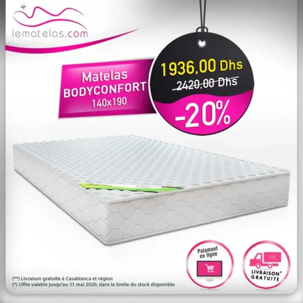 Promo Lematelas Matelas BODYCONFORT 140x190 1936Dhs au lieu de 2420Dhs