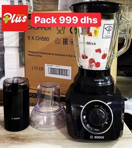 Offre Electroplus Pack BOSCH Blender Silentmixx Bol en verre + Moulin à épices 999Dhs