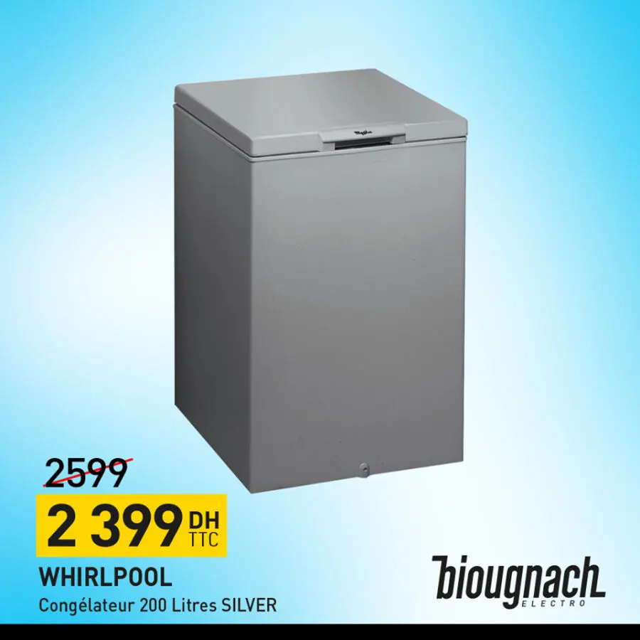 Soldes Biougnach Electro Congélateur 200L Whirlpool 2399Dhs au lieu de 2599Dhs