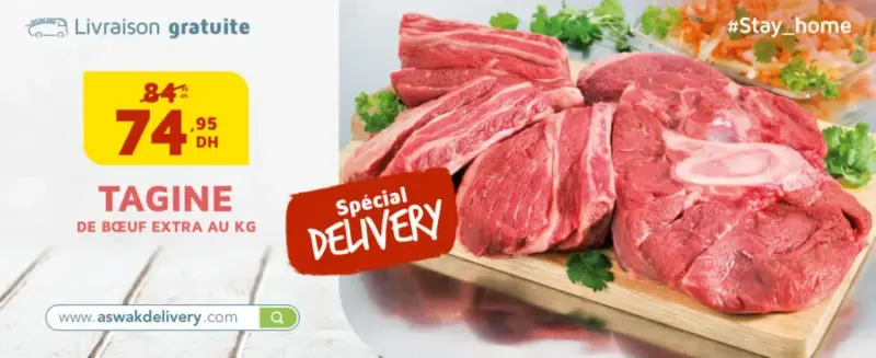 Spéciale Delivery chez AswakDelivery.com 1 Kg Boeuf à 75Dhs au lieu de 84Dhs