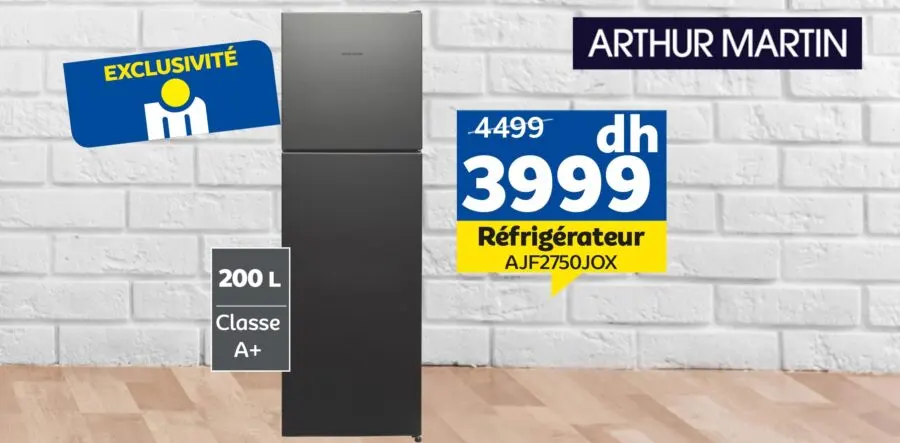 Soldes Marjane Réfrigérateur ARTHUR MARTIN 200L 3999Dhs au lieu de 4499Dhs