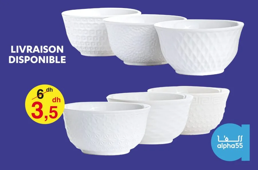 Promo Alpha55 Bol en porcelaine vendu par Pack 12 pièces à 3.5Dhs au lieu de 6Dhs