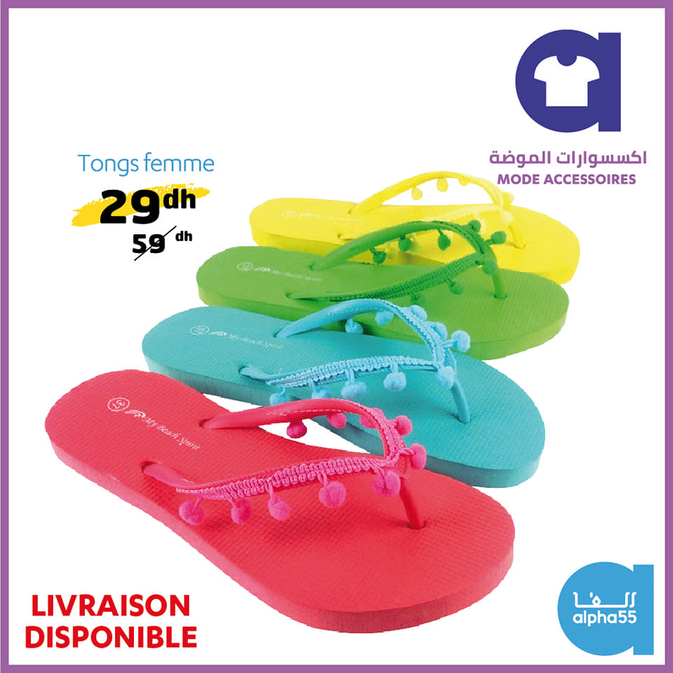 Soldes chez Alpha55 Tongs pour femme divers coloris 29Dhs au lieu de 59Dhs