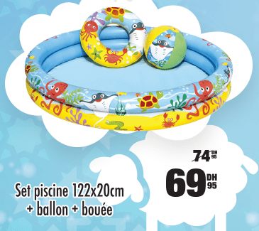 Soldes Aswak Assalam Set piscine + ballon + bouée 69.95Dhs au lieu de 74.95Dhs