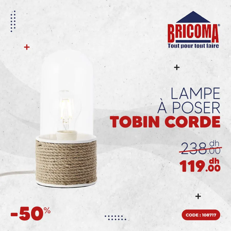 Promo chez Bricoma Lampe à poser TOBIN CORDE 119Dhs au lieu de 238Dhs