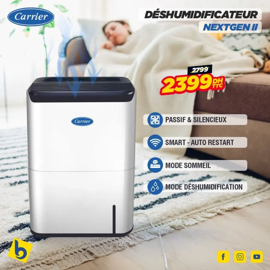 Promo Electro Bousfiha Déshumidificateur Carrier NEXGEN II Smart 2399Dhs au lieu de 2799Dhs