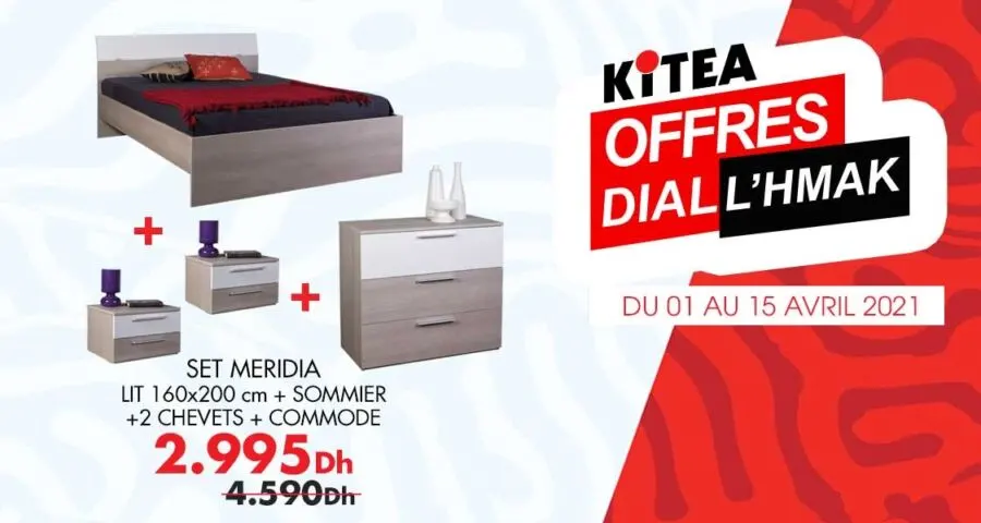 Soldes Kitea Lit + sommier + 2 chevets + commode MERIDA 2995Dhs au lieu de 4590Dhs