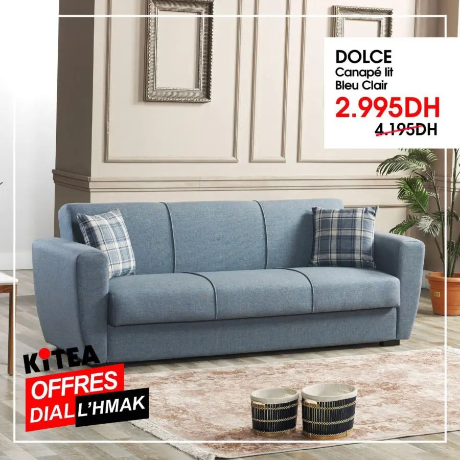 Soldes Kitea Canapé lit bleu clair DOLCE 2995Dhs au lieu de 4195Dhs