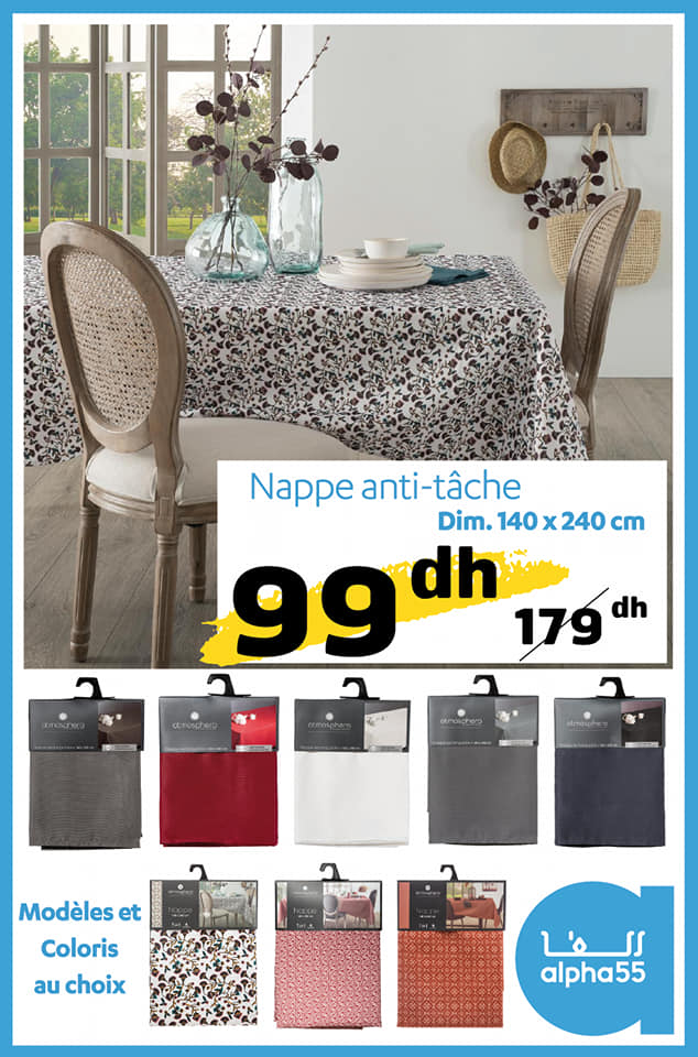 Soldes Alpha55 Nappe anti tâche 140x240cm 99Dhs au lieu de 179Dhs