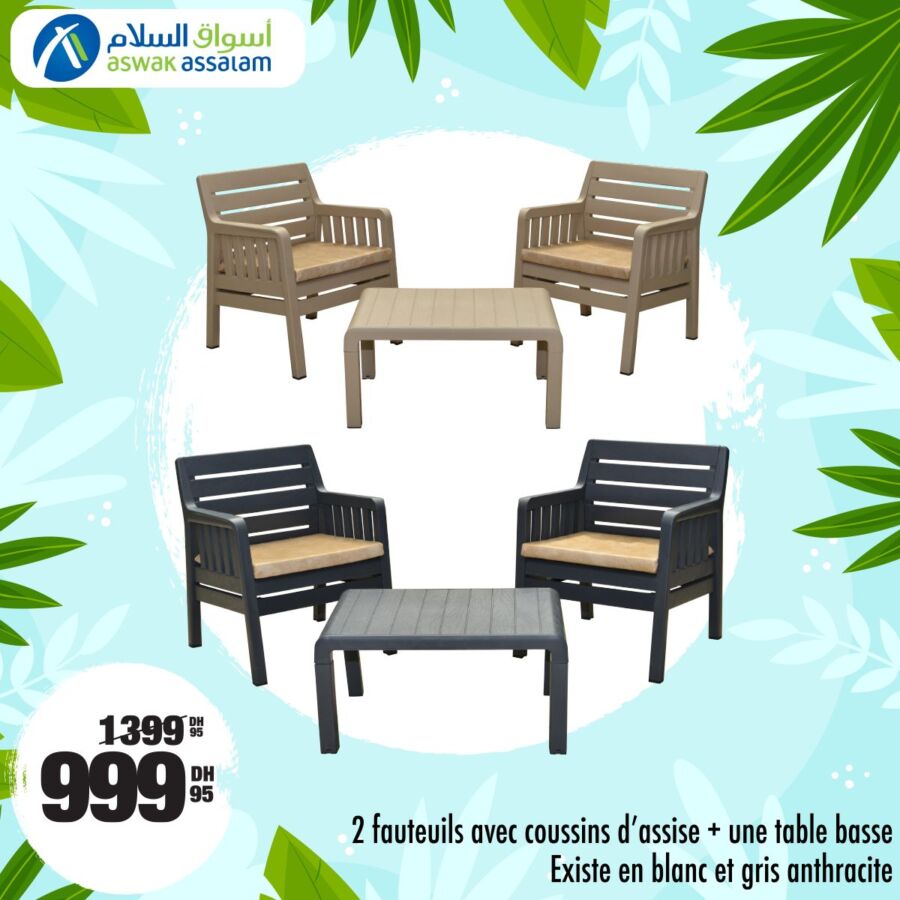 Soldes Aswak Assalam 2 Fauteuils avec coussins + table basse 999Dhs au lieu de 1399Dhs