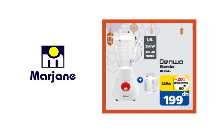 Soldes Marjane Blender DENWA 1.5L bol en verre 199Dhs au lieu de 249Dhs