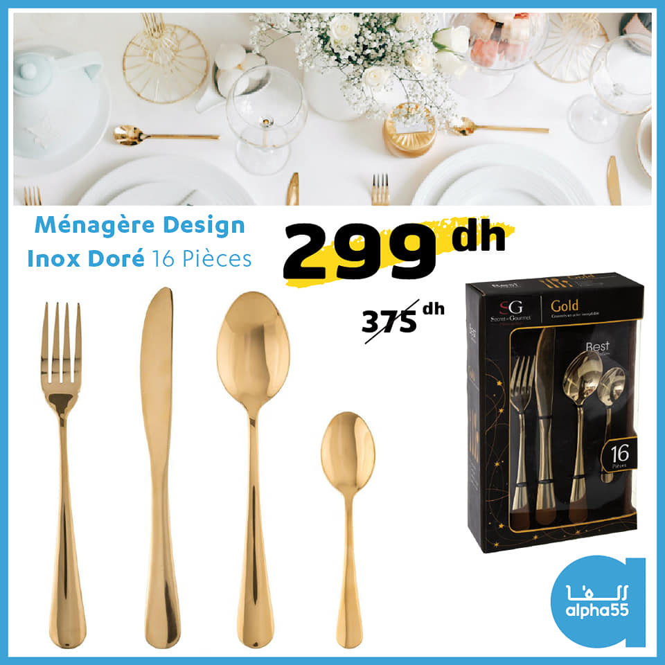 Soldes Alpha55 Ménagère Design inox doré 16 pièces 299Dhs au lieu de 375Dhs