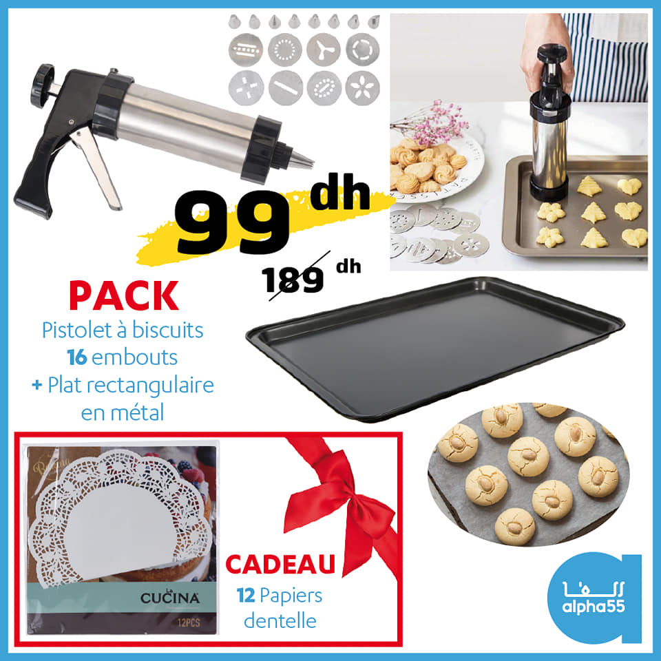 Soldes Alpha55 Pistolet à biscuits + plat rectangulaire + cadeau 99Dhs au lieu de 189Dhs