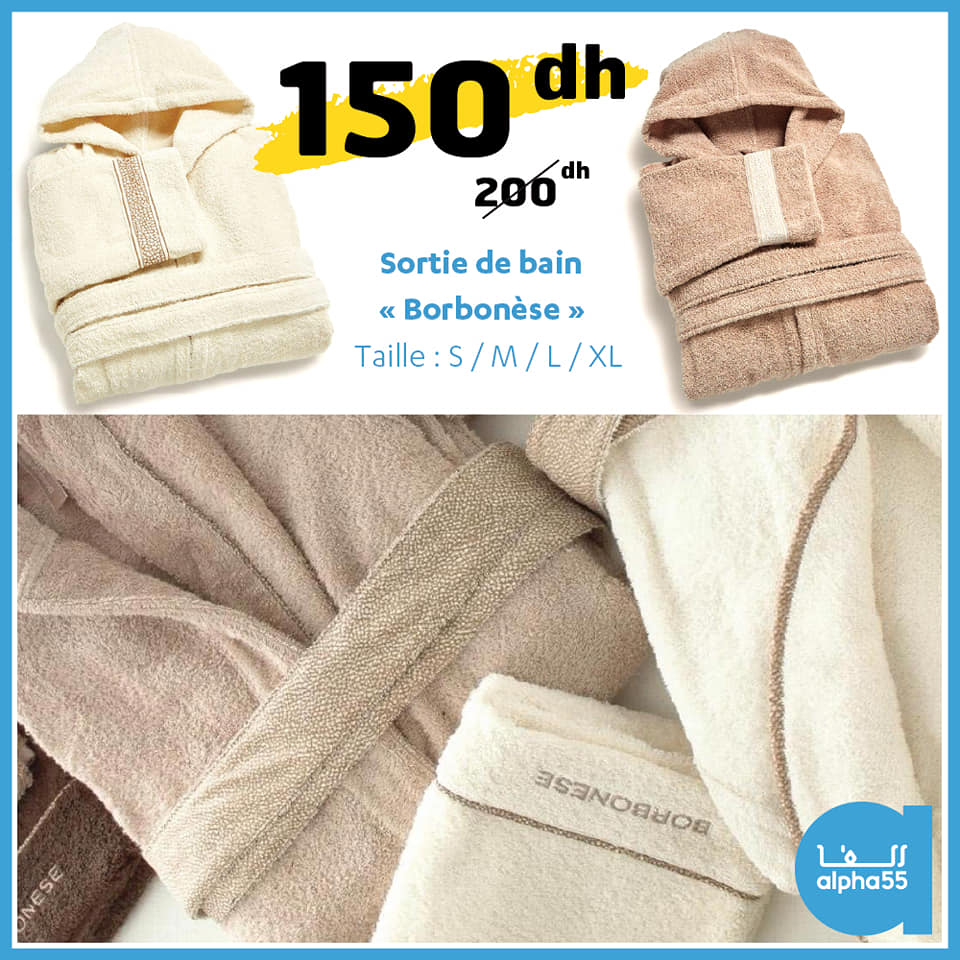 Soldes Alpha55 Sortie de bain BORBONESE 150Dhs au lieu de 200Dhs