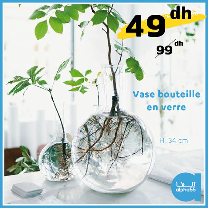 Soldes Alpha55 Vase bouteille en verre 34cm 49Dhs au lieu de 99Dhs