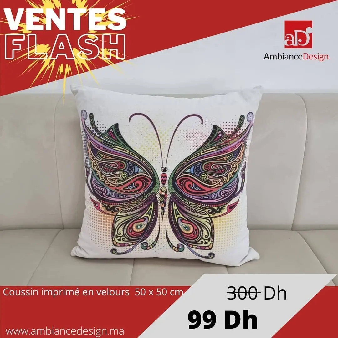 Vente Flash chez AmbianceDesign Coussin imprimé en velours 50x50cm 99Dhs au lieu de 300Dhs