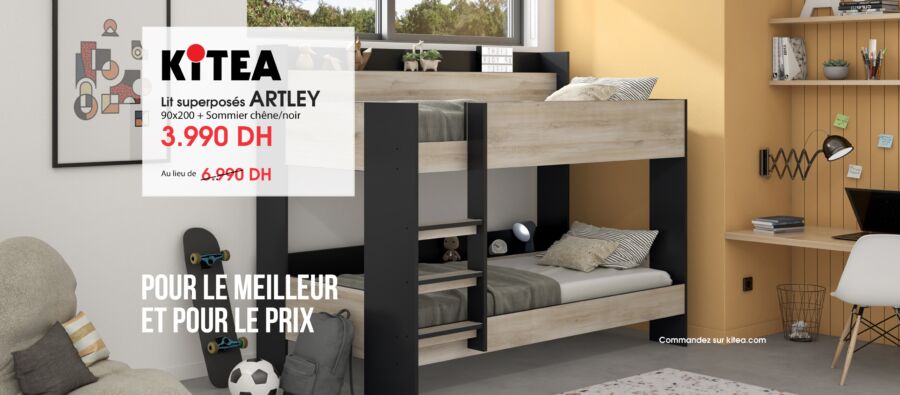 Soldes Kitea Lit superposées ARTLEY + Sommier 3990Dhs au lieu de 6990Dhs