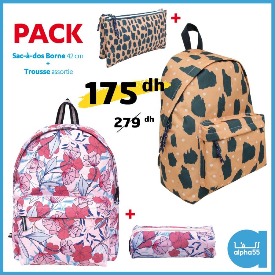 Soldes Alpha55 Pack sac à dos BORNE 42cm + trousse 175Dhs au lieu de 279Dhs