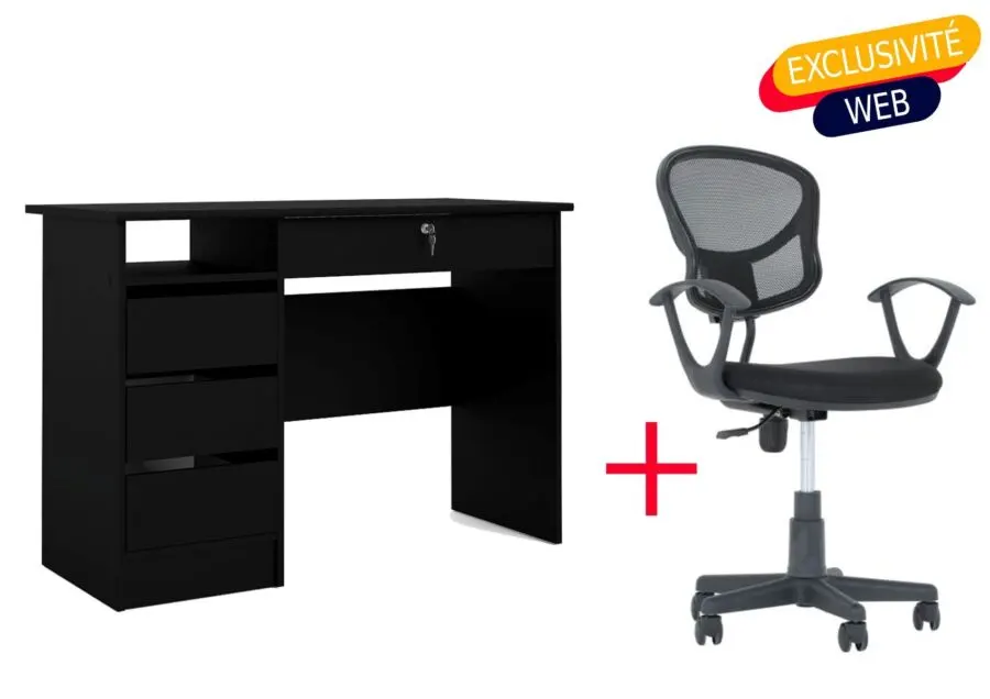 Soldes Kitea Bureau FUNCTION PLUS Noir + Chaise STYLE PLUS Noir 1590Dhs au lieu de 2149Dhs