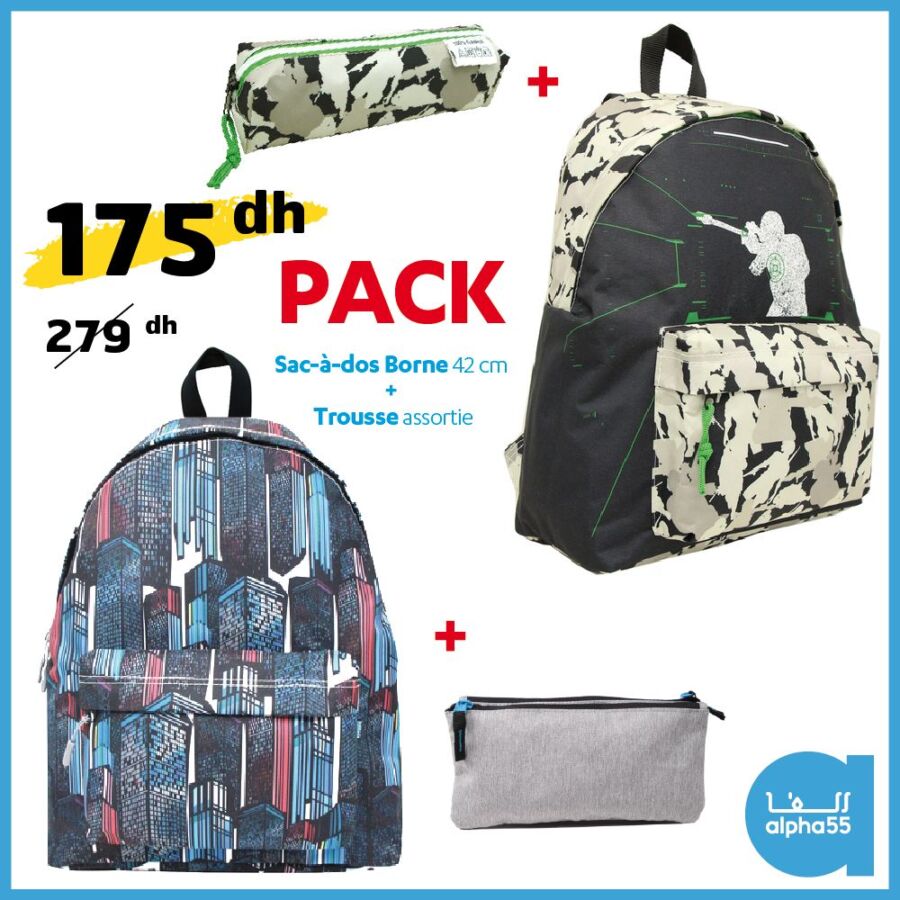 Soldes Alpha55 Pack sac à dos BORNE 42cm + trousse 175Dhs au lieu de 279Dhs