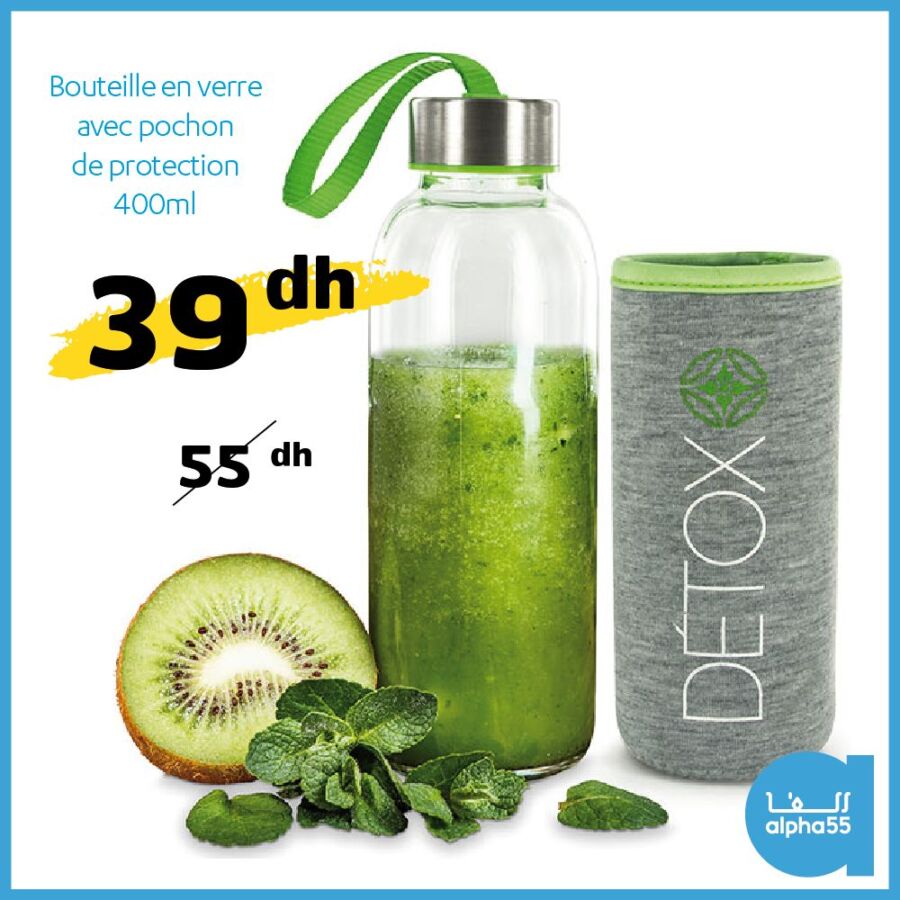 Soldes Alpha55 Bouteille en verre avec pochon de protection 400ml 39Dhs au lieu de 55Dhs