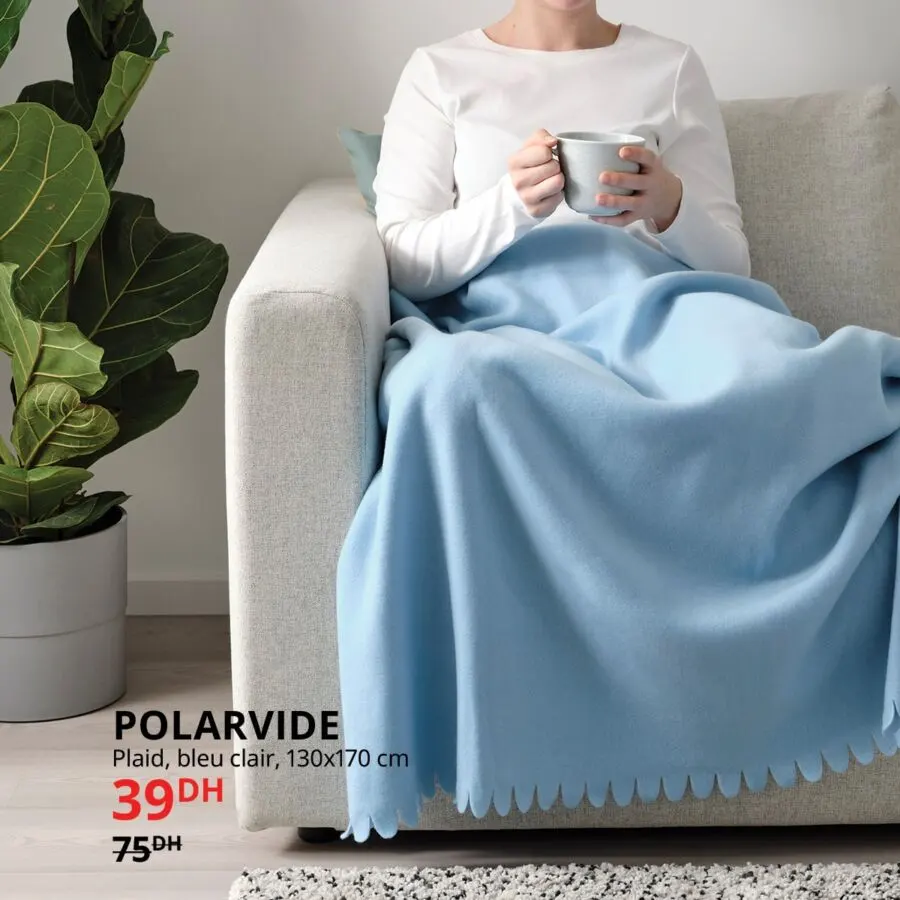 Soldes Ikea Maroc Plaid bleu clair 130x170xm POLARVIDE 39Dhs au lieu de 75Dhs