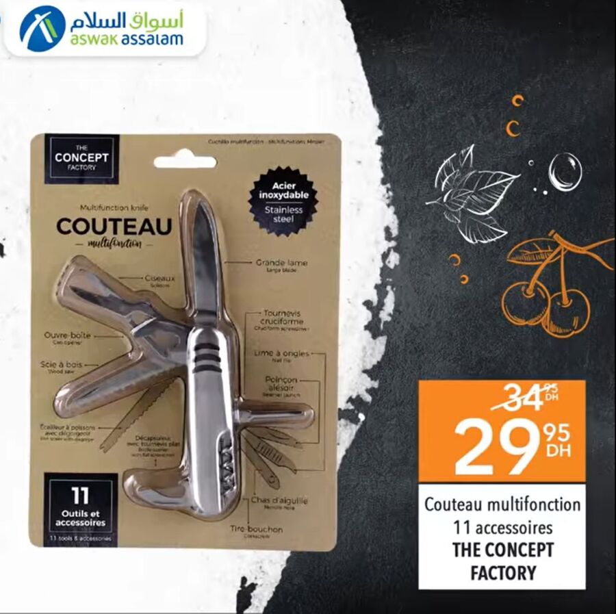 Soldes Aswak Assalam Couteau multifonction 11 accessoires THE CONCEPT FACTORY 29Dhs au lieu de 34Dhs