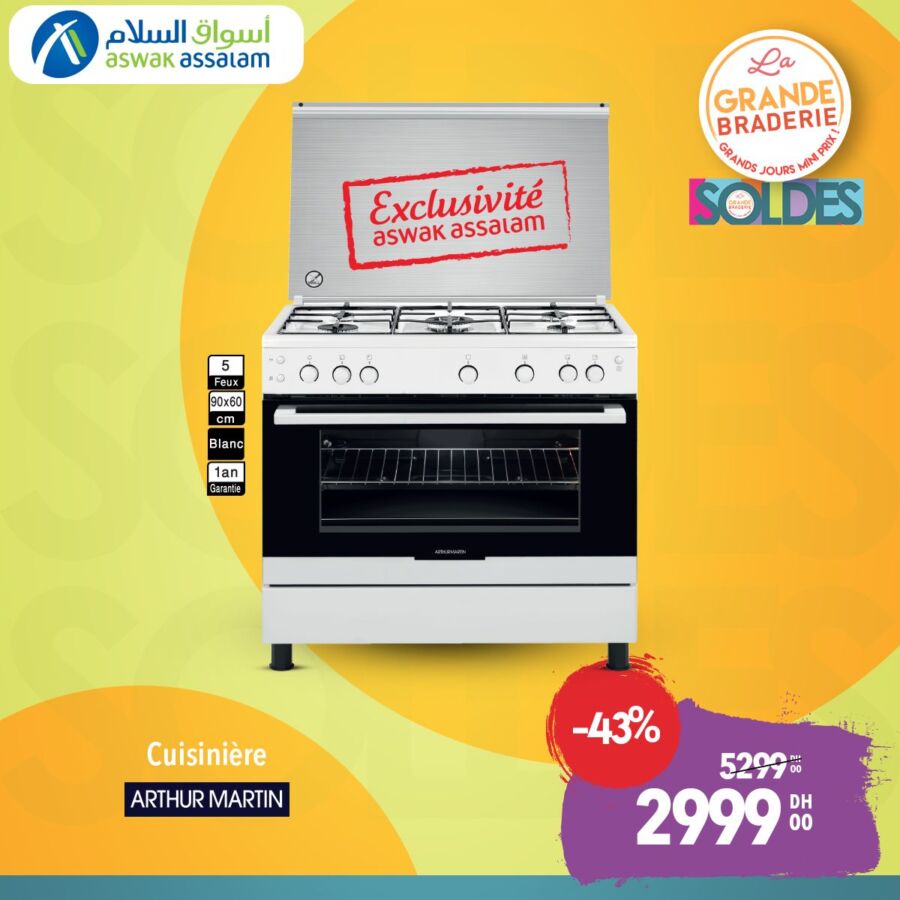 Soldes Aswak Assalam Cuisinière ARTUR MARTIN 5 feux 2999Dhs au lieu de 5299Dhs