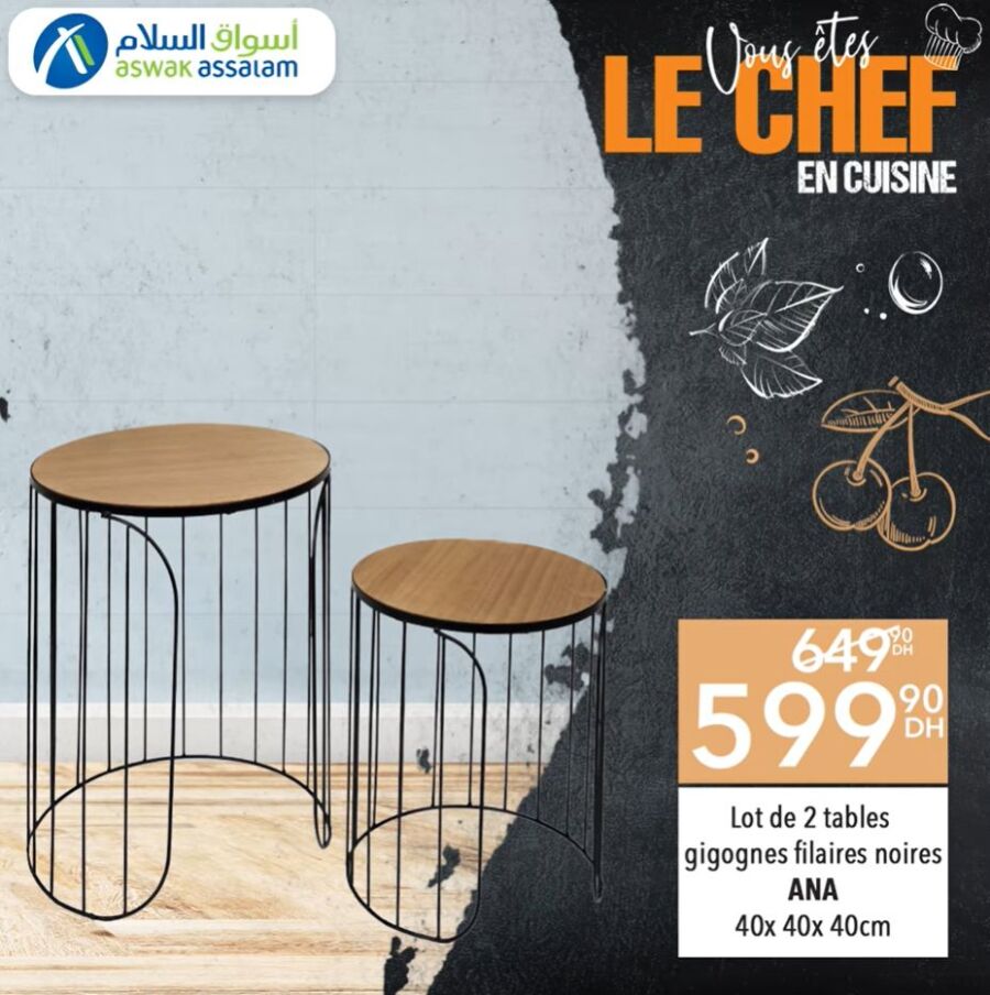 Soldes Aswak Assalam 2 Tables gigognes filaires noires ANA 599Dhs au lieu de 649Dhs