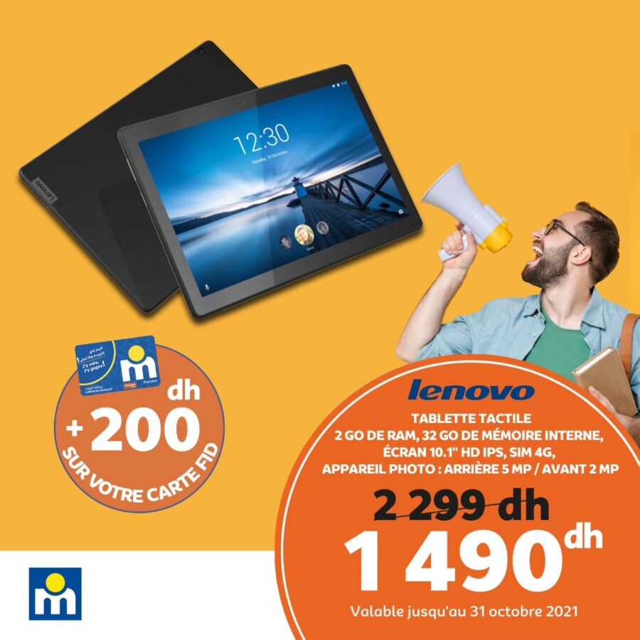 Soldes Marjane Tablette LENEVO 10p 32Gb 2Gb RAM 1499Dhs au lieu de 2299Dhs