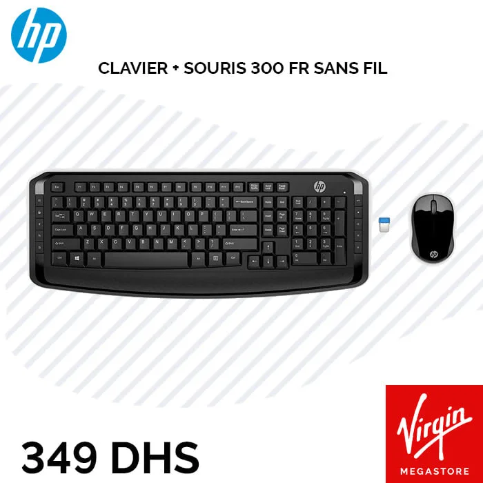 Offre Spécial Vergin Megastore Maroc Clavier Souris sans fil HP 300FR à 349Dhs