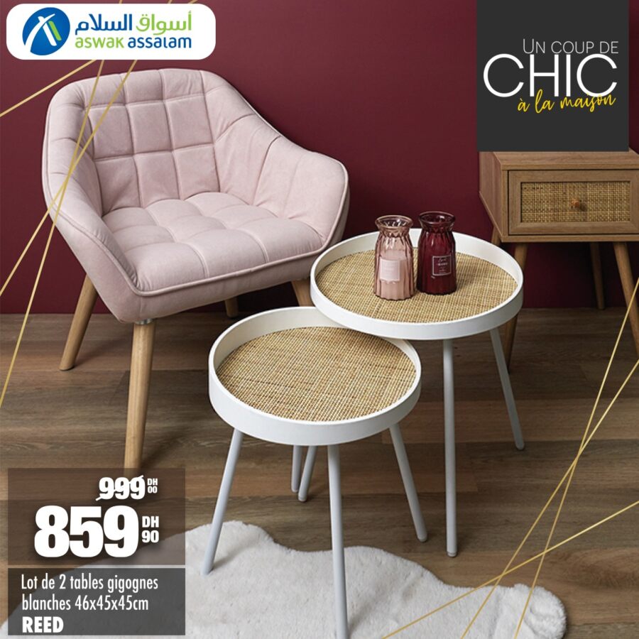 Soldes Aswak Assalam Lo 2 tables gigognes blanches REED 859Dhs au lieu de 999Dhs