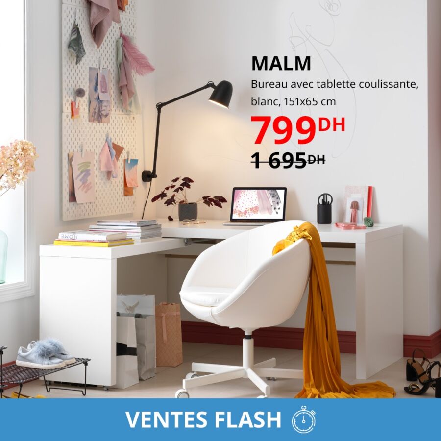 Ventes Flash Ikea Maroc Bureau avec tablette coulissante MALM 799Dhs au lieu de 1695Dhs