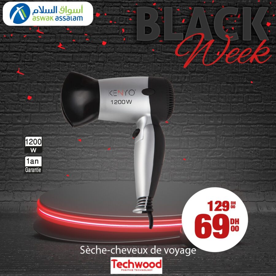 Black Week Aswak Assalam Sèche-cheveux de voyage TECHWOOD 69Dhs au lieu de 129Dhs