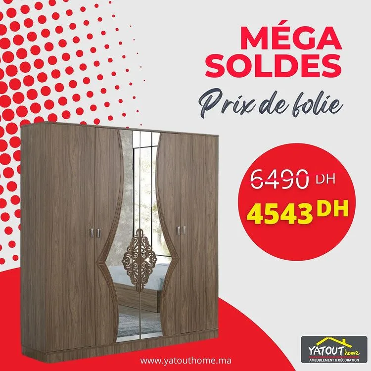 Méga Soldes chez Yatout Home Armoire 4 portes avec miroir 4543Dhs au lieu de 6490Dhs