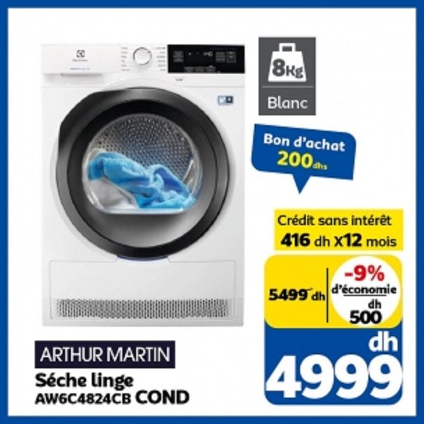 Soldes Marjane Sèche linge ARTHUR MARTIN 8Kg 4999Dhs au lieu de 5499Dhs