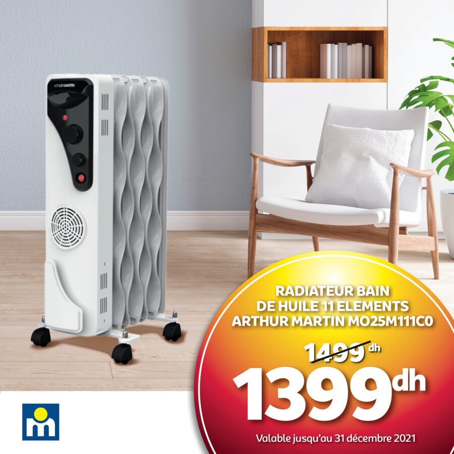 Soldes Marjane Radiateur bain de huile 11 éléments 1399Dhs au lieu de 1499Dhs