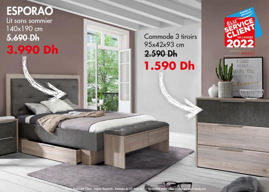 Soldes Kitea Lit sans sommier 140x190cm ESPORAO 3990Dhs au lieu de 5690Dhs