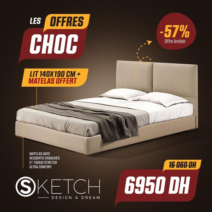 Soldes Sketch Lit 140x190cm + matelas 6950Dhs au lieu de 16060Dhs