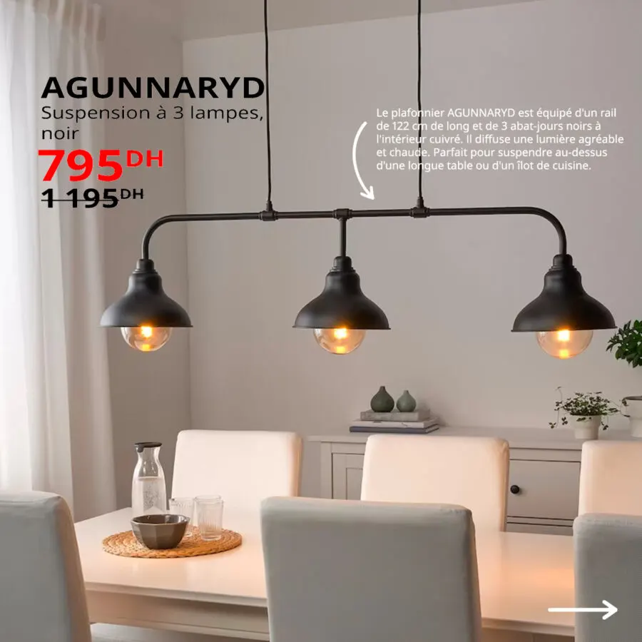 Soldes Ikea Maroc Suspension 3 lampes AGUNNARYD 795Dhs au lieu de 1195Dhs