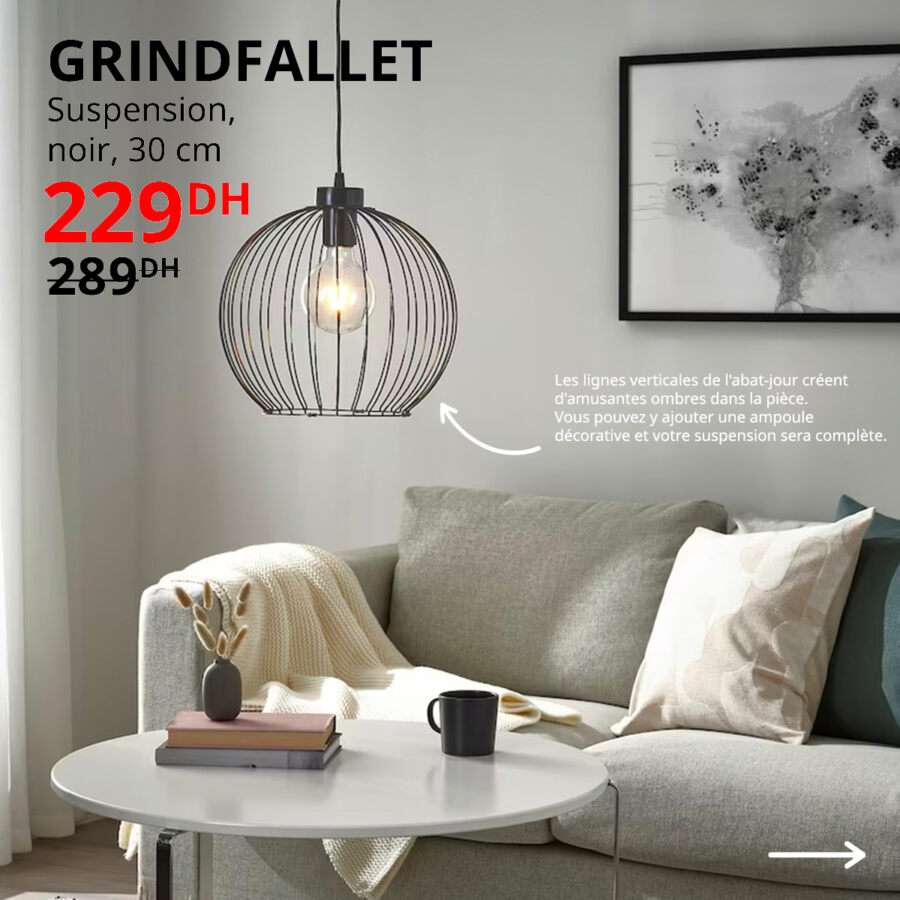 Soldes Ikea Maroc Suspension noir 30cm GRINDFALLET 229Dhs au lieu de 289Dhs