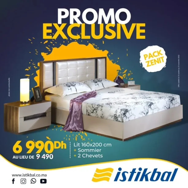 Promo spécial Istikbal Maroc Pack ZENIT Lit 160x200cm + sommier + 2 chevets 6990Dhs au lieu de 9490Dhs