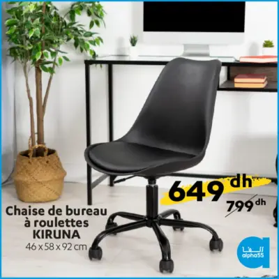 Soldes Alpha55 Chaise de bureau à roulettes LIRUNA 649Dhs au lieu de 799Dhs