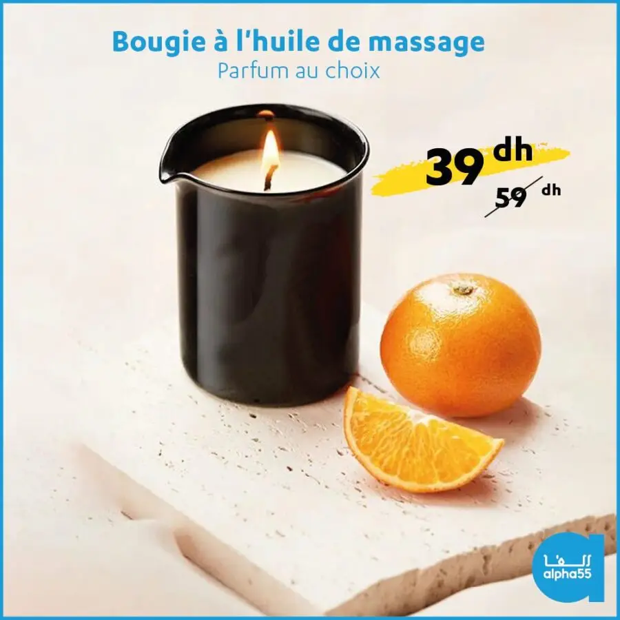 Soldes Alpha55 Bougie à l'huile de massage parfum au choix 39Dhs au lieu de 59Dhs