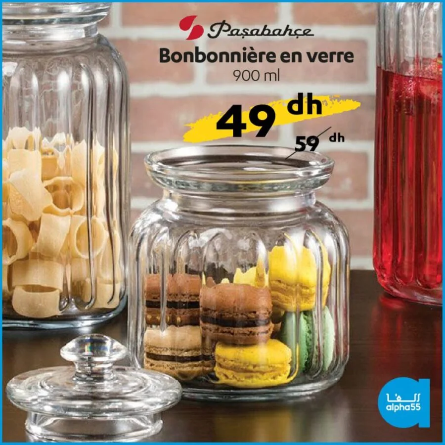 Soldes Alpha55 Bonbonnière en verre PASABAHCE 900ml 49Dhs au lieu de 59Dhs