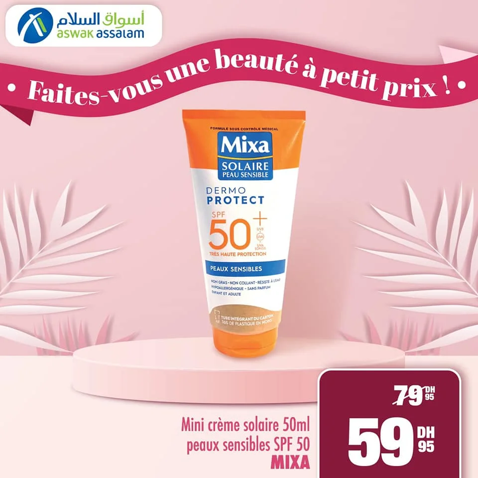 Soldes Aswak Assalam Mini crème solaire 50ml MIXA 59Dhs au lieu de 79Dhs