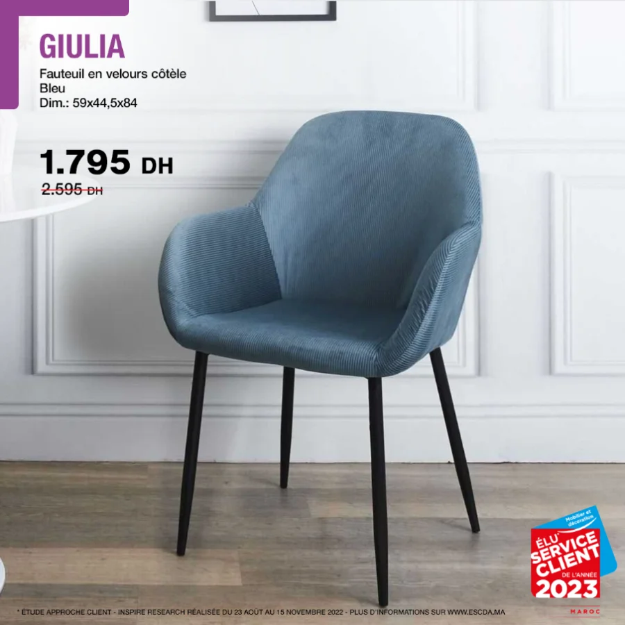 Soldes Kitea Fauteuil en velours côtèle bleu GIULIA 1795Dhs au lieu de 2595Dhs