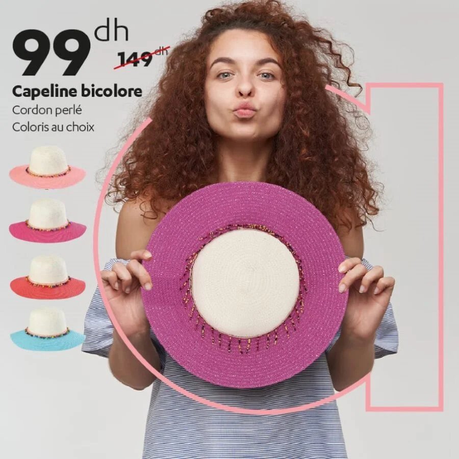 Soldes Alpha55 Capeline bicolore cordon perlé divers coloris 99Dhs au lieu de 149Dhs